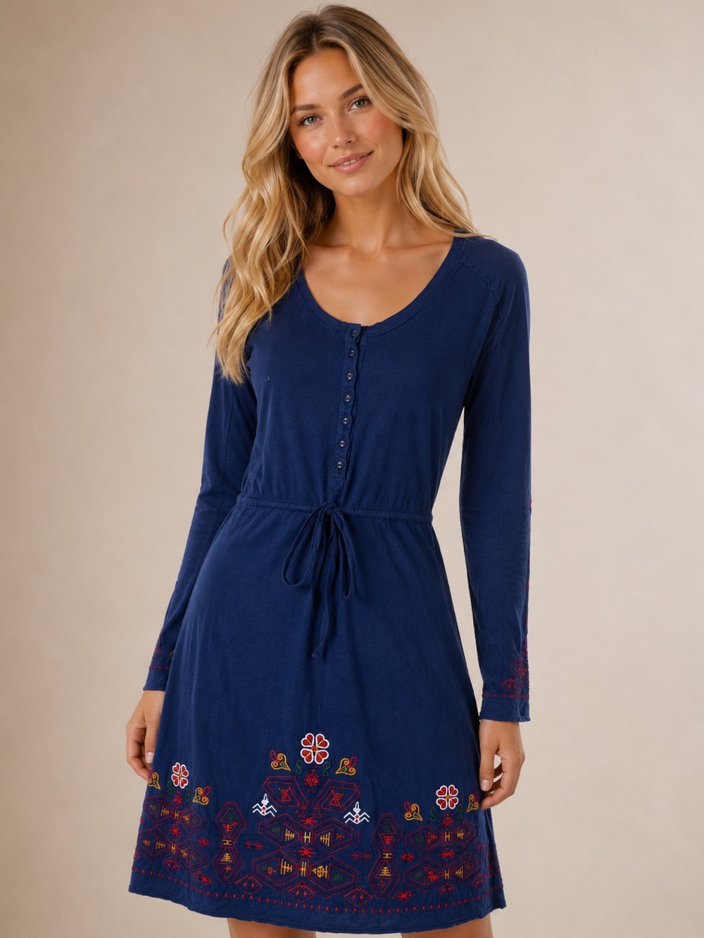 Johnny Was Navy Embroidered Long-Sleeve Drawstring Dress 🦋
